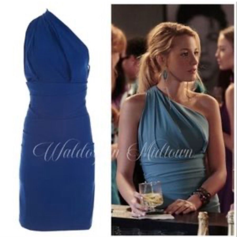 Preen by Thornton Bregazzi one shoulder godddess pleated royal blue dress S NWT
